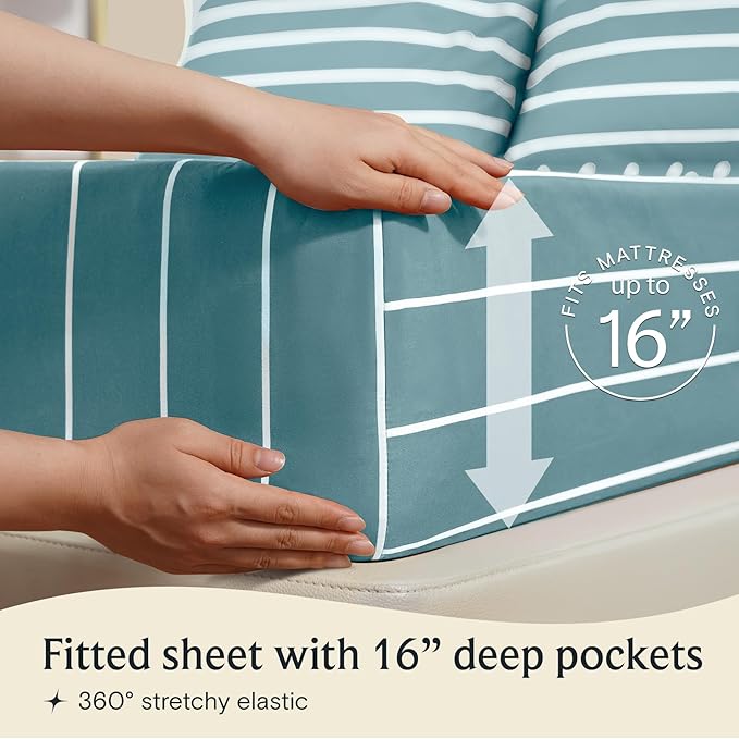 LuxClub 4 PC Full Size Sheet Set Bed Sheets, Breathable Luxury Deep Pockets Wrinkle Free Cooling Sheets Machine Washable Hotel Bedding (Full, Striped Light Blue)