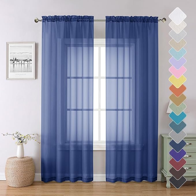 Royal Blue Sheer Curtains 84 Inches Long 2 Panels Set, Elegant Rod Pocket by Lecloud