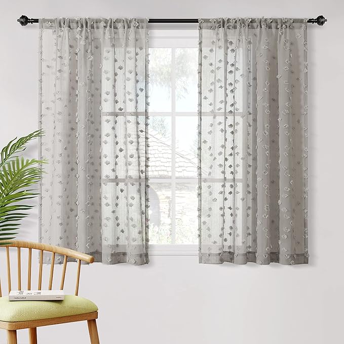MYSKY HOME Pom Pom Grey Sheer Curtains for Bedroom Girls Room Curtains 63 inch Length for Nursery Kids Light Filtering Boho Window Drapes, Rod Pocket, 38" Wide, 2 Panels
