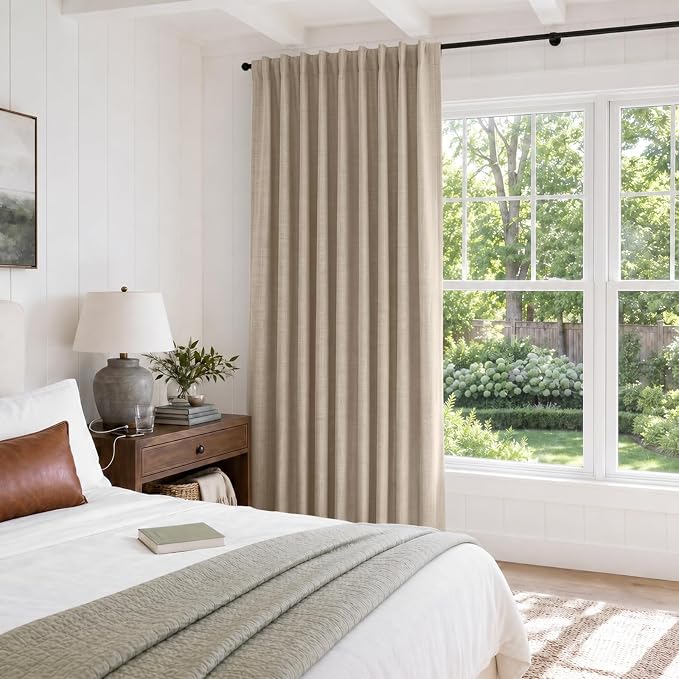 Linen Textured Total Blackout Sliding Door Curtains 84 Inches Long, Oatmeal | - Image 5