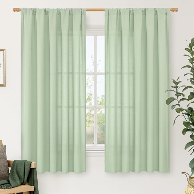 Light Green Linen Window Curtains 63 Inch Length by LAMIT