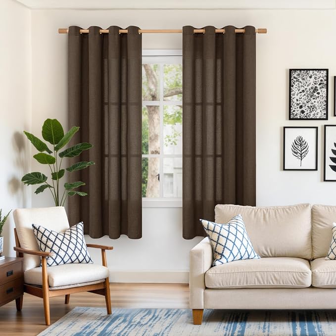 YoungsTex Brown Linen Curtains 63 Inches Length 2 Panels - Image 2