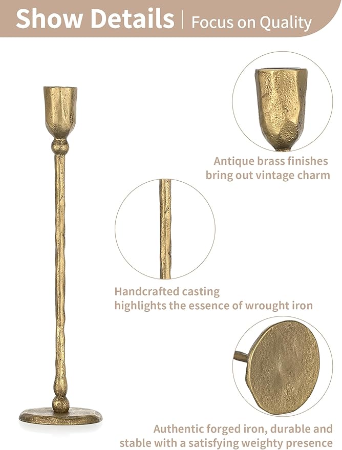 NUPTIO Iron Taper Candle Holders: Antique Brass Candlestick Holder for Thanksgiving Christmas Party - Set of 3 Tall Gold Candles Stick Decor for Fireplace Table Centerpiece