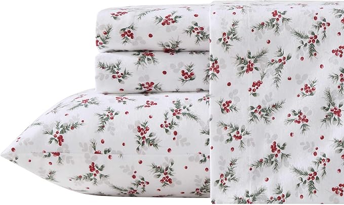 Laura Ashley - Flannel Sheets Twin Size, Anti-Pilling & Wrinkle Resistant Cotton, Touchably Soft for All-Season Comfort - Bed Sheets with Matching Pillowcase & Fitted Sheet (Berry Bright Red)
