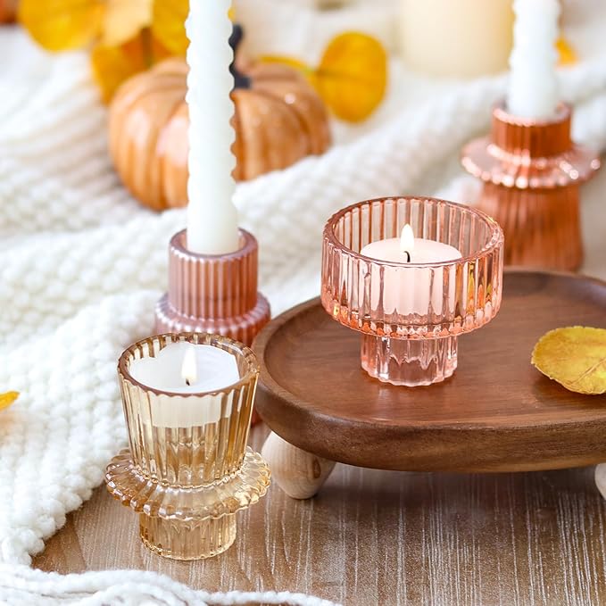 Pink Candlestick Holders 6PCS for Tealight Candle Stick Candles, Ribbed Glass Taper Candle Holders Set, Table Centerpieces for Weddings Christmas Home Decor Indoor and Outdoor