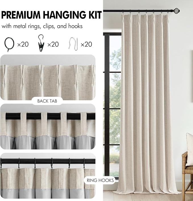MIULEE Beige Pinch Pleated 100% Blackout Linen Curtains 40x84 Inches | Room - Image 8