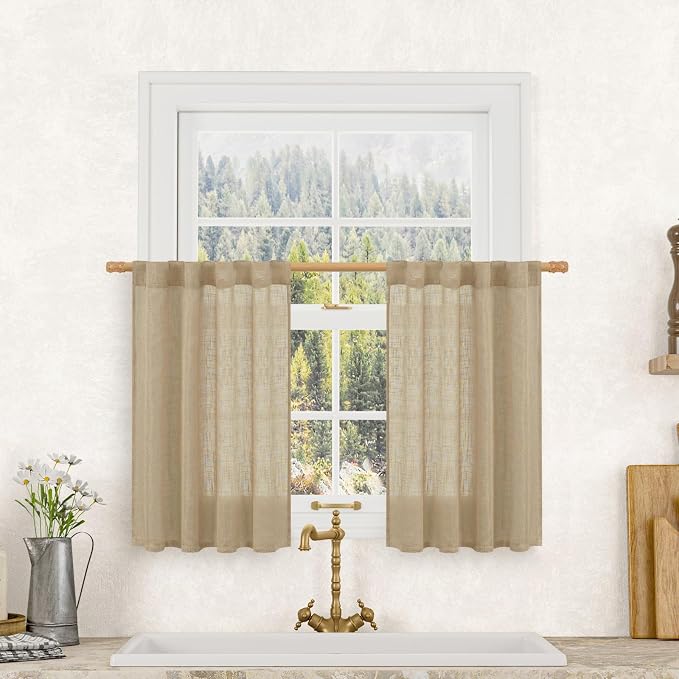 Brown Linen Cafe Curtains 30 Inch Length by LAMIT
