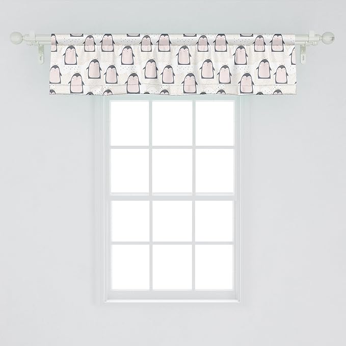 Ambesonne Penguin Window Valance, Pastel Colored Style Cartoon Animals from Antarctica Crowns on a Dotted Background, Curtain Valance for Kitchen Bedroom Decor with Rod Pocket, 42" x 12", Grey Pink