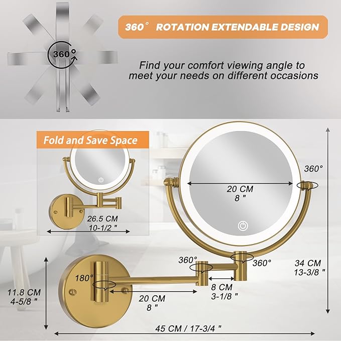 8" Make up Mirror Wall Mounted Lighted 10X Magnifying Hard Wired, Double Sides 3 Color Lighting Touch Dimming, 360 Swivel Extended Arm Shaving Light up Mirror for Bathroom, Brushed Moderne Brass