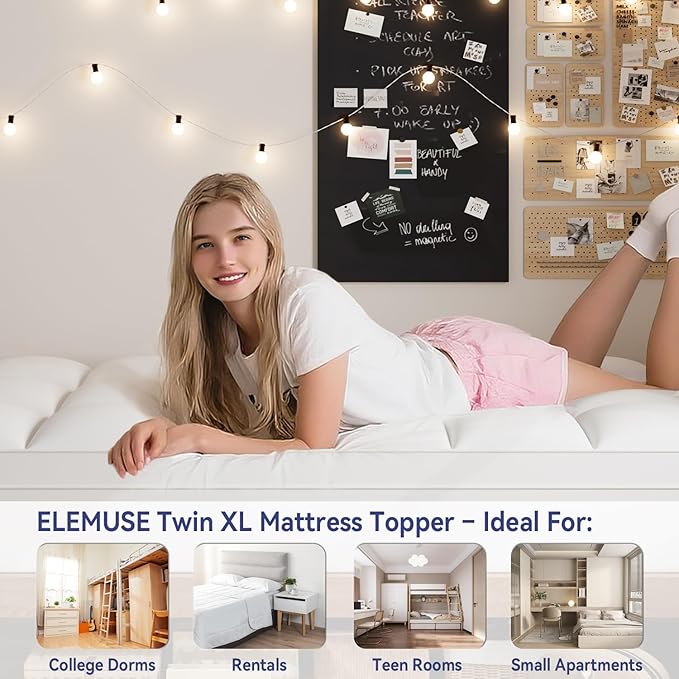 ELEMUSE Twin XL Mattress Topper for College Dorm, Thick Extra Long Twin Mattress Pad Cover for Back Pain, Plush Soft Pillowtop with Elastic Deep Pocket, Overfilled Down Alternative Filling