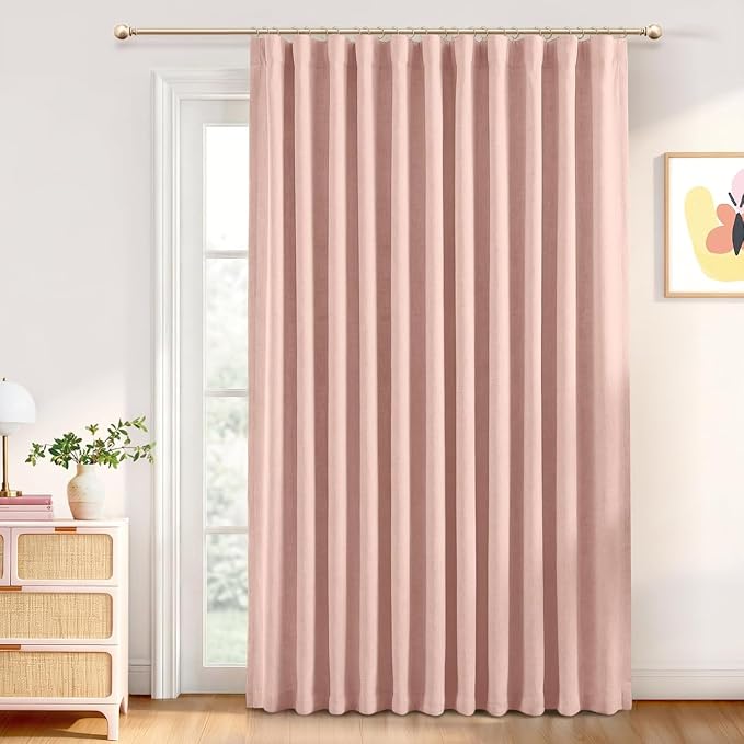 INOVADAY Linen Textured 100% Blackout Sliding Door Curtains 102x96 | Blush Pink by INOVADAY