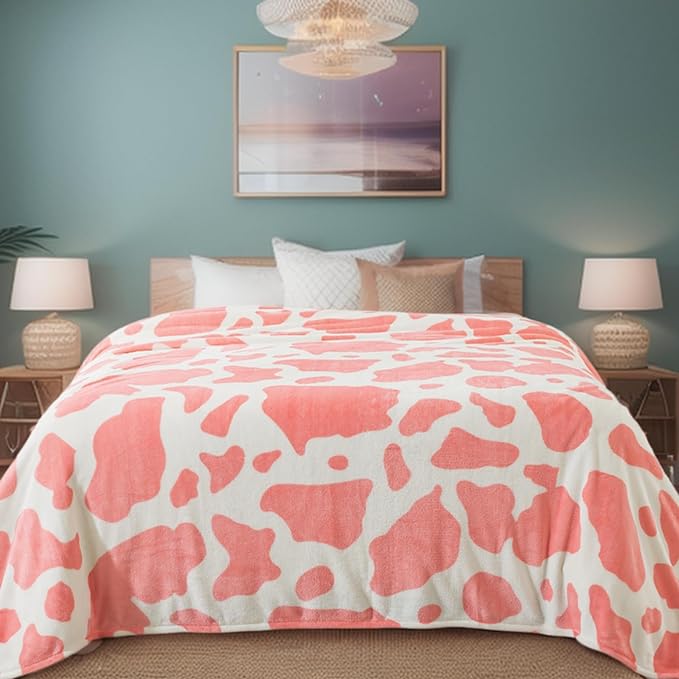 Fleece Cow Print Blanket for All Season - Premium Lightweight Anti-Static Pink and Ivory King Size Blankets Plush Gift for Daughter Mom, Bedroom Decor 90" x 108"(Pink Cow)