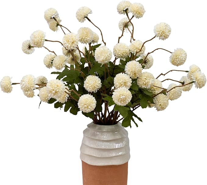 10 Stems Fake Flowers +Eucalyptus Stems Realistic Artificial Flowers Branches for Vase Milky White kiku Flowers Floral Arrangements Mum Boho Bridal Bouquet Silk for Home Decoration Indoor