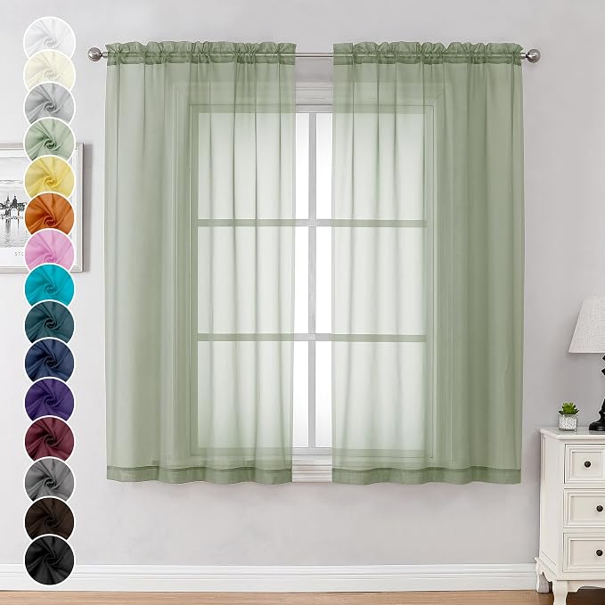 Chyhomenyc Sheer Curtains 63 Inch Length 2 Panels, Sage Green | Light Filtering by Chyhomenyc