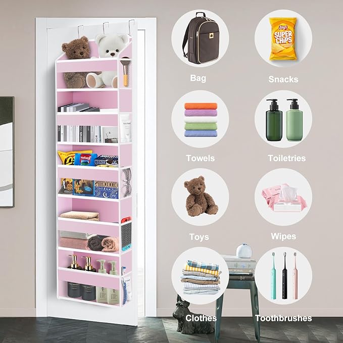 Over The Door Organizer Closet,5 Bins 10 Side Pockets,Hanging Door Organizer,Anti Tilt 44 lbs Load Organizers and Storage with Clear Window for Bedroom,Nursery,Rv,Bathroom,Camper(Pink)