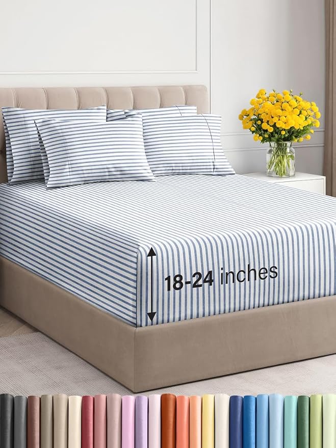 Extra Deep Cal King Sheet Set - 6 Piece Breathable & Cooling Sheets - Hotel Luxury Bed Sheets Set - Easy Fit - Soft, Wrinkle Free & Comfy Sheets Set - Blue Striped Sheet Set with Extra Deep Pockets