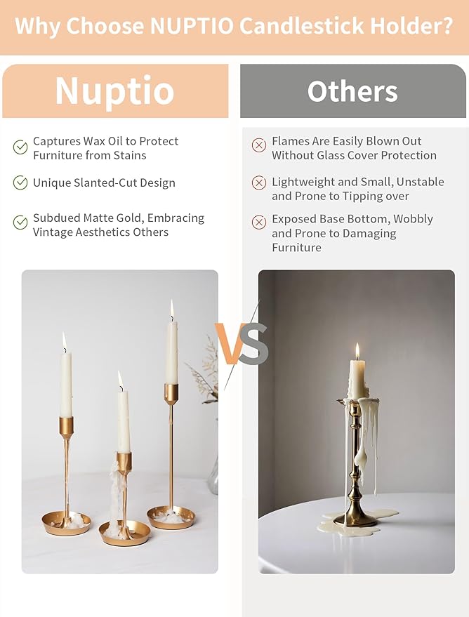 NUPTIO Taper Candle Holders for Centerpiece: 3 Pcs Matte Gold Candlestick Holder for Wedding - Brass Tall Candle Stick Holder for Christmas Party Dinner Table Fireplace Decor