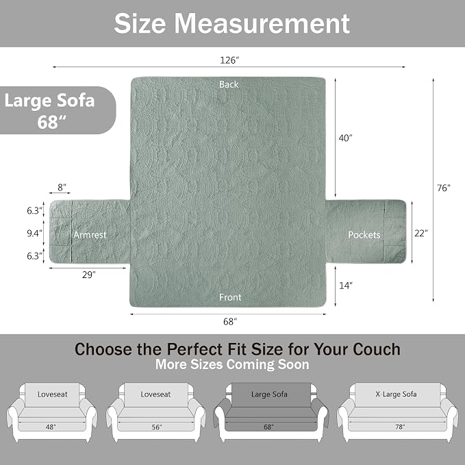 Sage Blue Quilted Sofa Cover, Anti-Slip Medallion Designed Couch Covers - Image 7