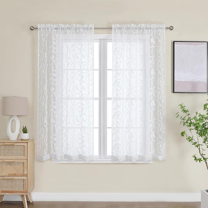 Furman Sheer White Curtains 45 Inch Length 2 Panels Set, Airy Jacquard Clip - Image 2