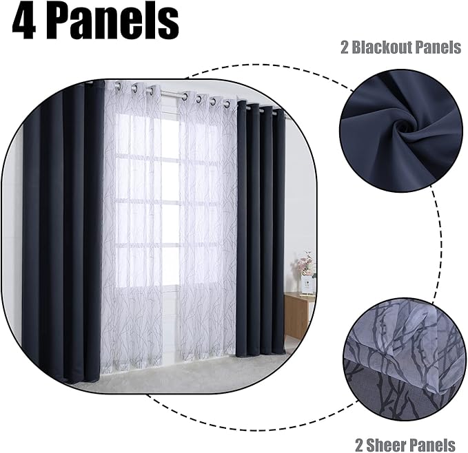 BONZER Mix and Match Curtains - 2 Pieces Branch Print Sheer Curtains and 2 Pieces Blackout Curtains for Bedroom Living Room Grommet Window Drapes, 37x84 Inch/Panel, Grey Dark, Set of 4 Panels