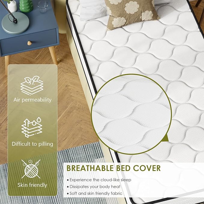 PayLessHere | 8 Inch Twin Mattress | Medium Firm Hybrid Mattress | White | with High-Density Foam and Breathable Cover | Pocket Spring Design, Pressure Relief | Bed in a Box, CertiPUR-US Certified