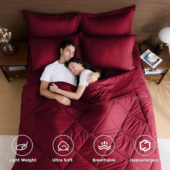 HEVUMYI Red King Comforter Set - 7-Piece All Season Bed in a Bag King, Ultra Soft Bedding Set with Comforter, Flat Sheet, Fitted Sheet, Pillowcases, Pillow Shams
