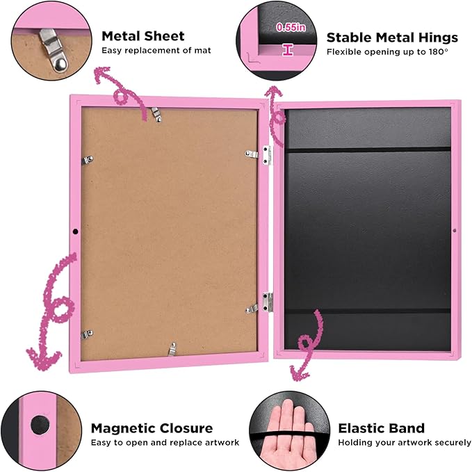KINLINK 10x12.5 Kids Art Frames Set of 2, Solid Wood Kids Artwork Frames Changeable with Acrylic Front Opening Holds 150 Pictures, Art Frame for Kids Artwork with Mat or without Mat, Pink