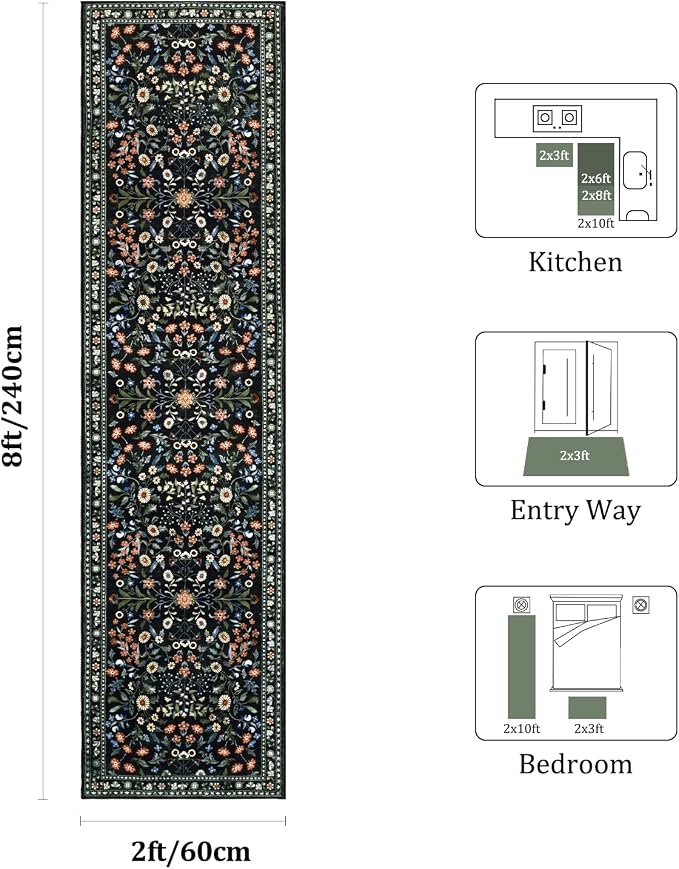 Yamaziot 2x8 Washable Hallway Runner Rug Non Slip Carpet, Colorful Black | Soft - Image 2