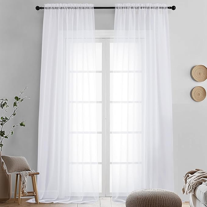Sheer White Curtains 108" Inch Length 2 Panels Set, Light Filtering Soft Rod by OVZME