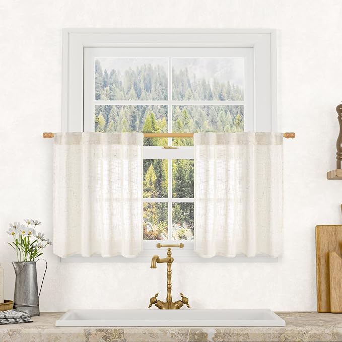 Kitchen Semi Sheer Linen Curtains 24 Inch Long by LAMIT