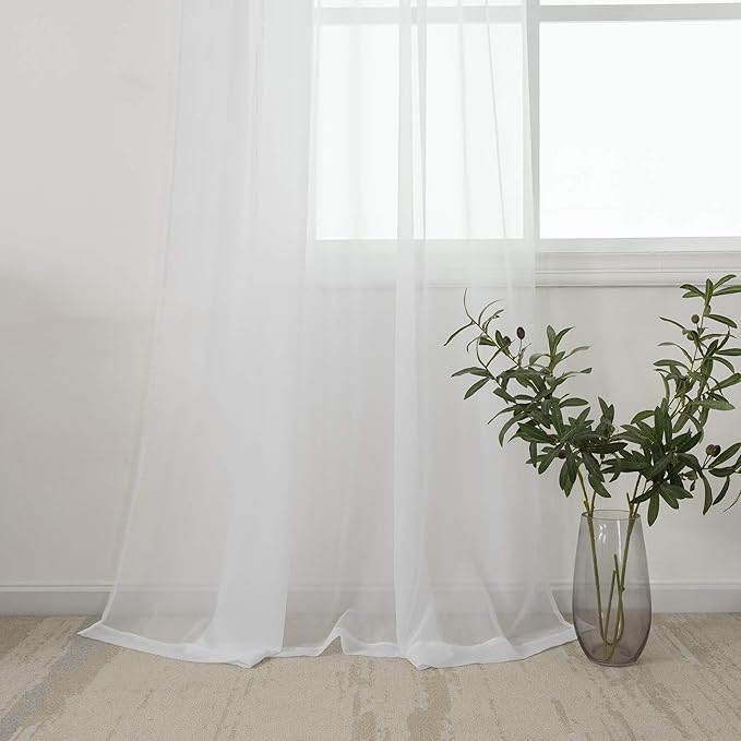 White Sheer Curtains 54 inches Long for Bedroom Top Rod Pocket Sheer Window Panels Curtains for Nursery Living Room 52 by 54 Inch Length Set of 2