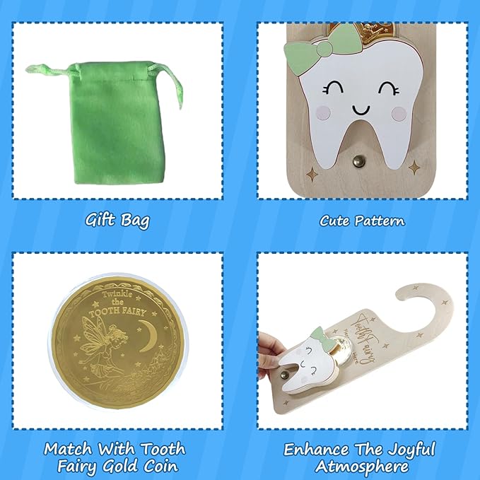 Tooth Fairy Door Hanger, Wooden Tooth Fairy Money Holder with Tooth Coins for Lost Tooth Kids Gifts (Green)