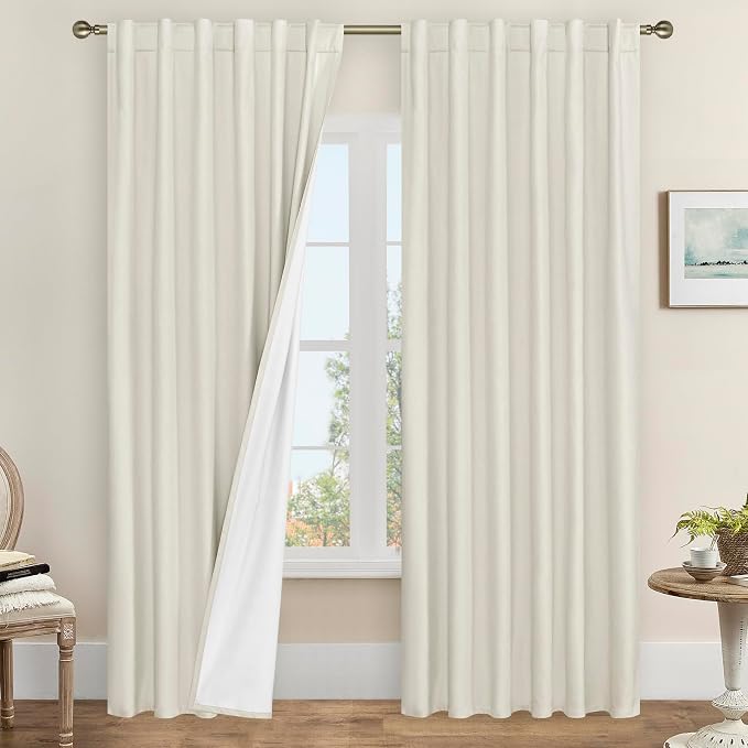 100% Blackout Linen Curtains for Living Room 95 Inch, 52 x 95 Inch | Ivory by LAMIT