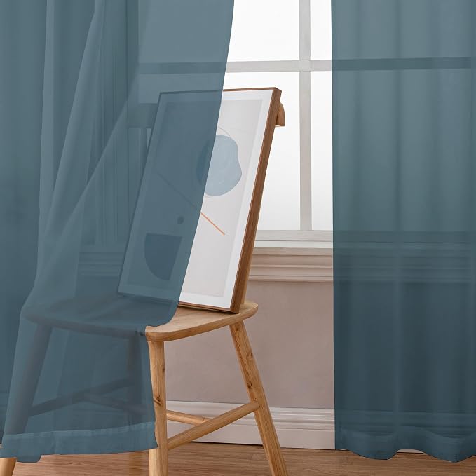 Chyhomenyc Sheer Curtains 63 Inch Length 2 Panels, Stone Blue | Light Filtering - Image 9