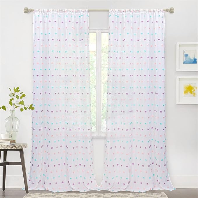 MYSKY HOME White Sheer Curtains for Living Room Sliding Door Windows Rainbow Pom Pom Bedroom Curtains 2 Panels Light Filtering 95 Inch Curtains Dining Room Parties Rod Pocket Farmhouse 52" x 95" inch