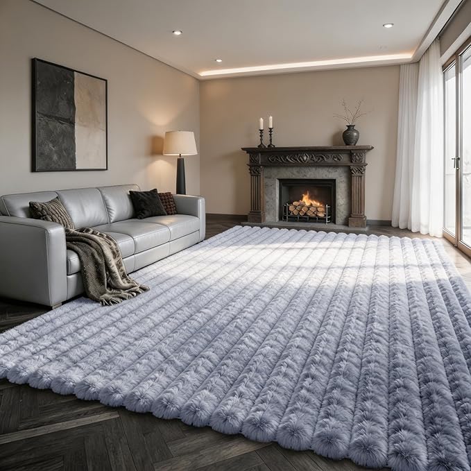 Blue Grey Rabbit Striped Plush Rug 6'x9', Fluffy Shaggy Area Rug by CHOVY