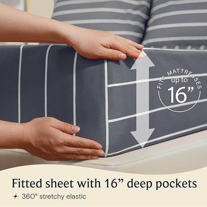 LuxClub 4 PC Cal King Size Sheet Set Bed Sheets, Breathable Luxury Deep Pockets Wrinkle Free Cooling Sheets Machine Washable Hotel Bedding (Cal King, Striped Light Grey)
