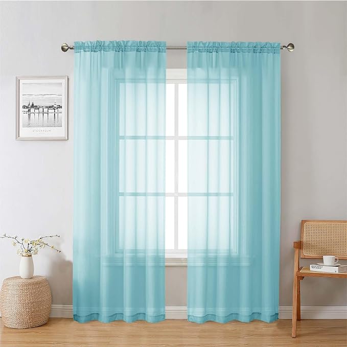 Aqua Sheer Curtains for Living Room 78 Inches Long 2 Pcs, Dual Rod Pockets by Lecloud