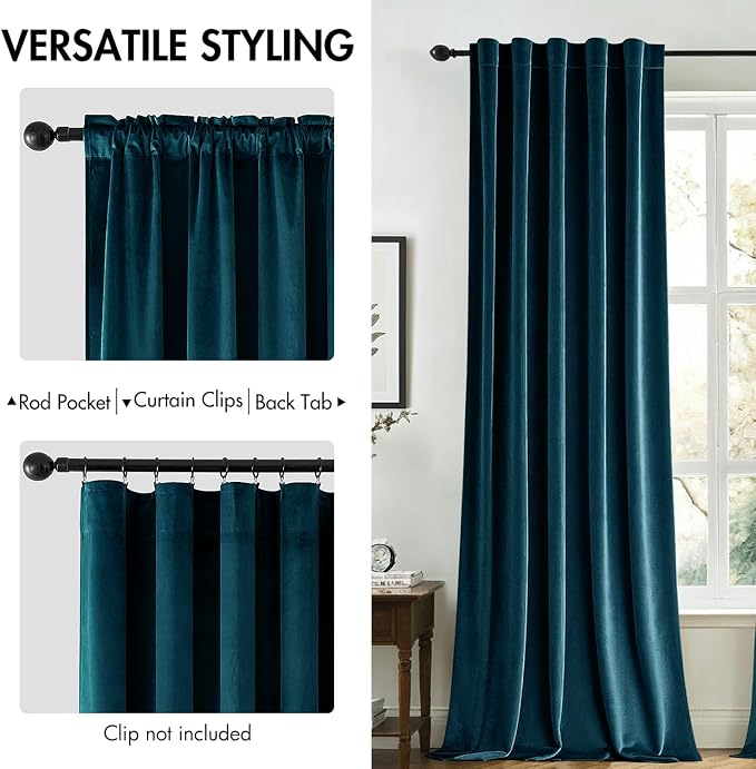 MIULEE Peacock Blue Velvet Curtains 52x90 inches 2 Panels Blackout Curtains | - Image 2