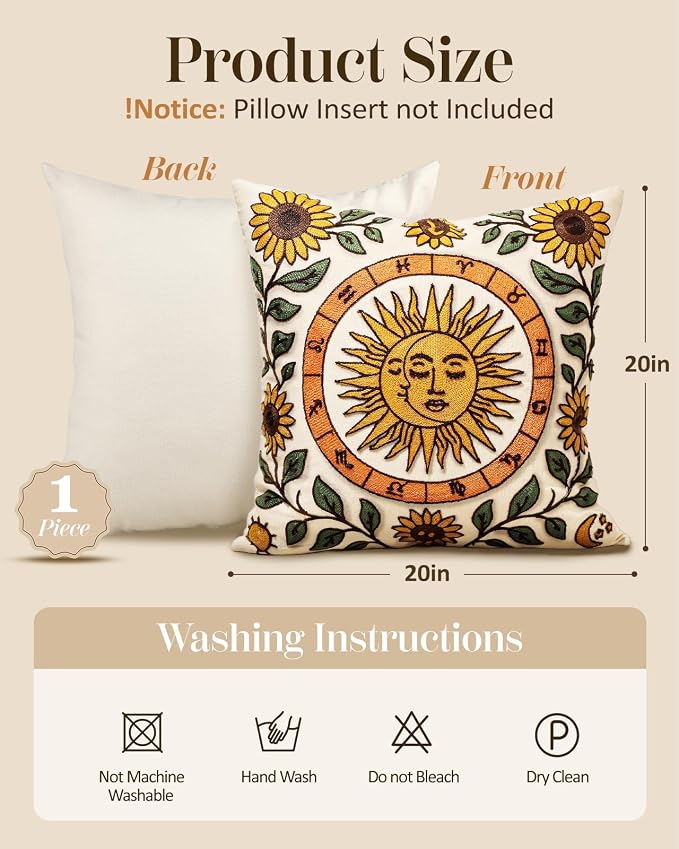 Embroidered Throw Pillow Cover 20x20 Inch, Sunflower Moon | Decorative Pillow - Image 4