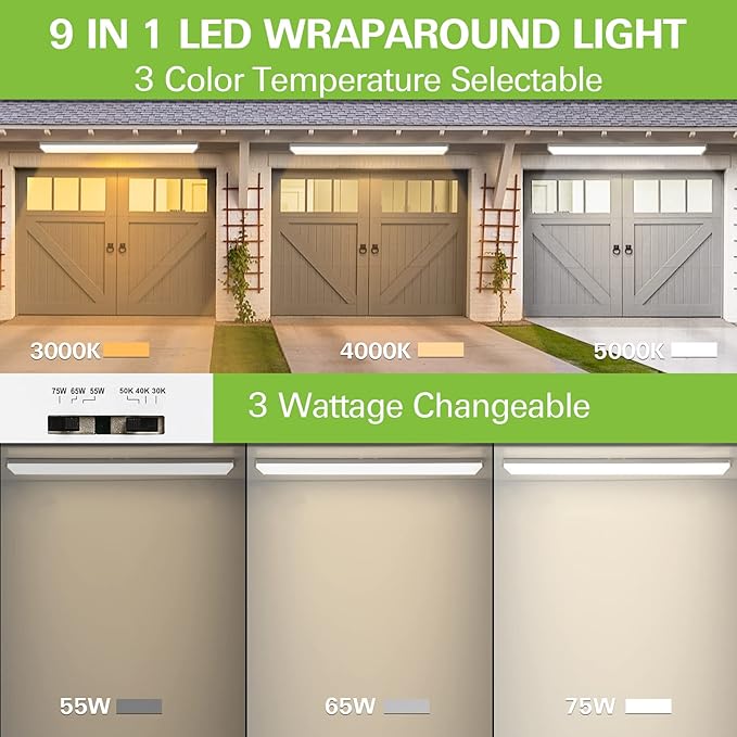 4 Pack 4FT LED Wraparound Light with 3 Wattages/3 Lumens/3 CCT Selectable, 55W/65W/75W, 5500lm/6500lm/7500lm, 3000K/4000K/5000K 4 Foot LED Wrap Light Fixture, Flush Mount Office Ceiling Light, ETL