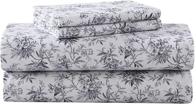 Laura Ashley - Flannel Sheets Twin Size, Anti-Pilling & Wrinkle Resistant Cotton, Touchably Soft for All-Season Comfort - Bed Sheets with Matching Pillowcase & Fitted Sheet (Faye Toile Black)