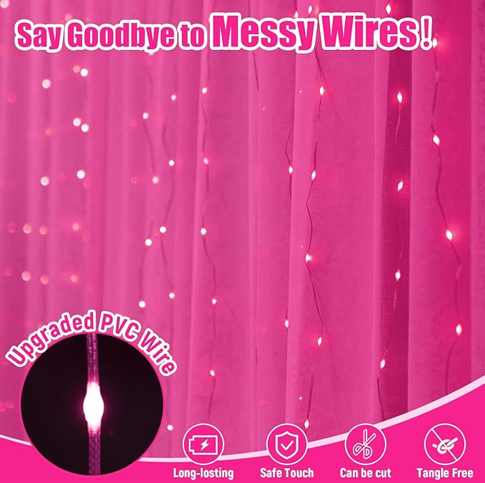 Pink Curtain Light with Untangled Wires for Bedroom, 300LED 9.8ft x 9.8ft Window Fairy Curtain String Light with 16 Hooks, 8 Models Remote Control for Wedding Party Home Garden Indoor Decor