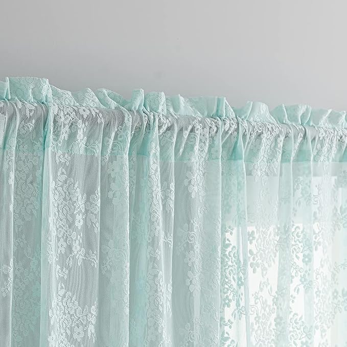 YJ YANJUN Vintage Lace Curtains 84 Inches Long-Victorian Floral Pattern Aqua - Image 3