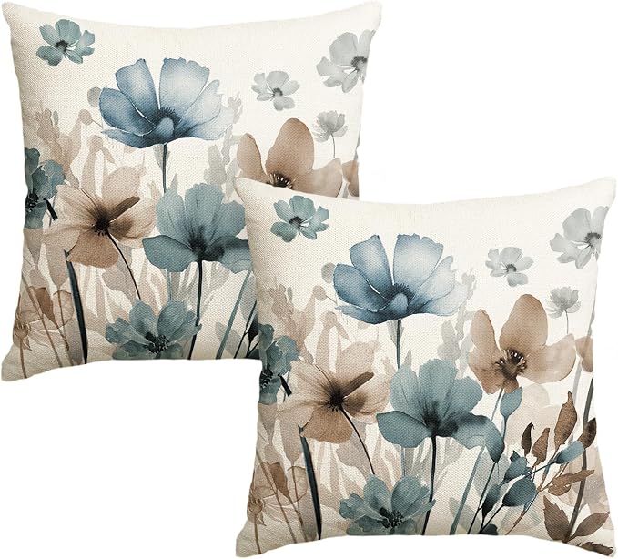 AVOIN colorlife Poppy Flowers Blue Brown Pillow Covers 18x18 Inch Set of 2 | by AVOINcolorlife