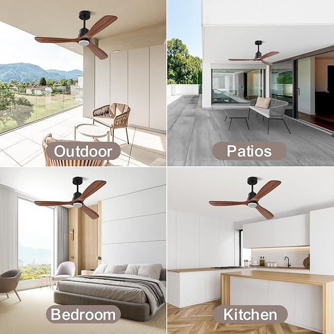 Obabala 52 Inch Ceiling Fans with Lights and Remote Control-Outdoor Ceiling Fan with Light 3 Walnut Wood Blade for Bedroom Living Room Indoor Farmhouse Patio, Reversible Noiseless DC Motor