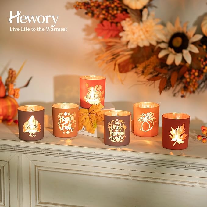 Hewory Thanksgiving Votive Candle Holders: Fall Glass Tea Light Candle Holder Set of 12, Thanksgiving Table Decorations Centerpieces for Dinner Table Fireplace Mantle Fall Decorations for Home Party