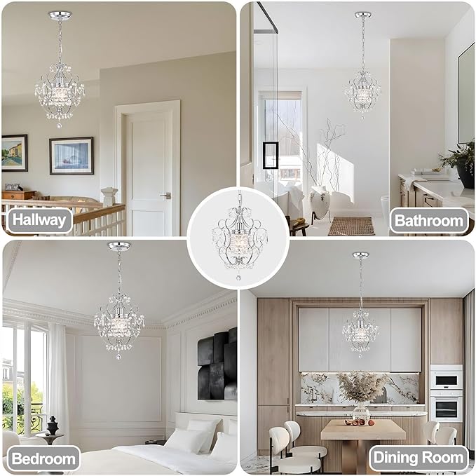 Small Chandelier for Bedroom, 90% Pre-Assembled Chrome Chandelier, Mini Acrylic Crystal Chandelier, 1 Light Pendant Light Fixtures for Bedroom,Closet, Bathroom,Entryway,Foyer, Living Room