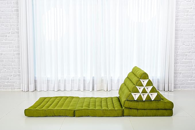 Leewadee Comfortable Japanese Floor Mattress - Thai Floor Bed with Triangle Cushion - Futon Mattress - XL Extra Long Thai Massage Mat, 89 x 20 inches, Green, Kapok Filling