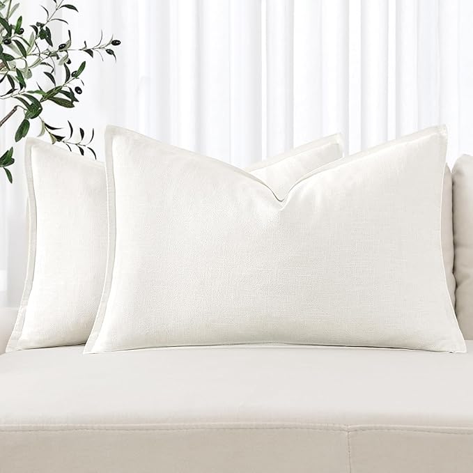 MIULEE Decorative Linen Lumbar Pillow Covers 12x20 Inch Cream White | Boho by MIULEE